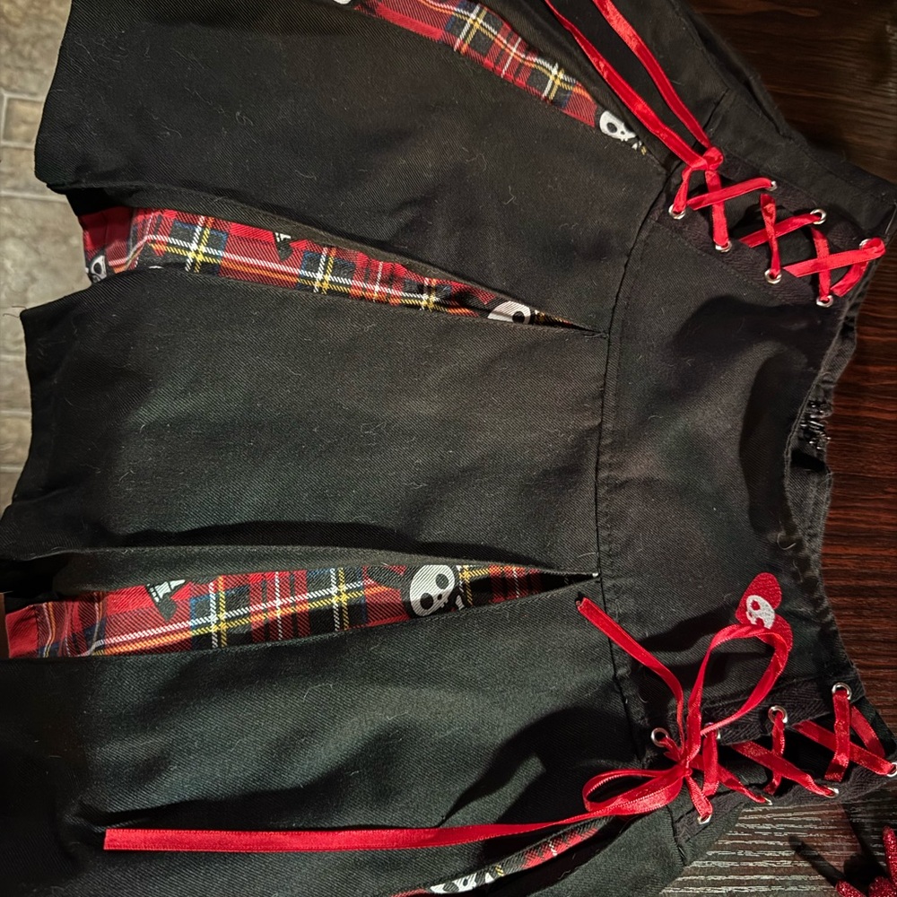 Black and Red Skater Skirt with Lace-Up Detail
